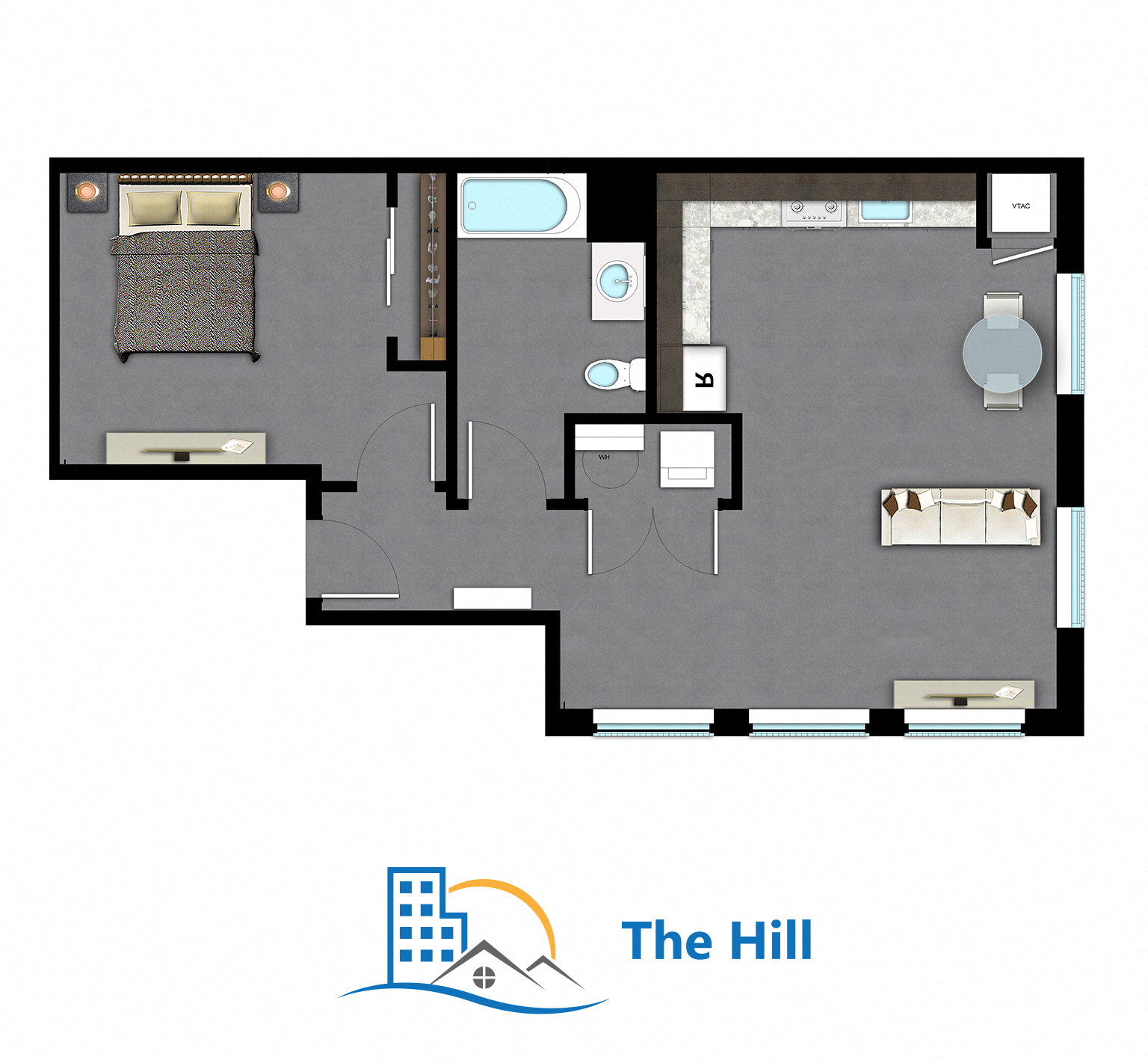 Floor plan for 1 bed, 1 bath, 654 sqft